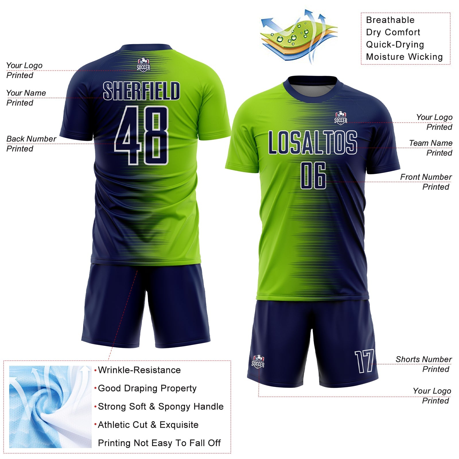 Custom Navy Neon Green-White Gradient Line Sublimation Soccer Uniform Jersey view 4
