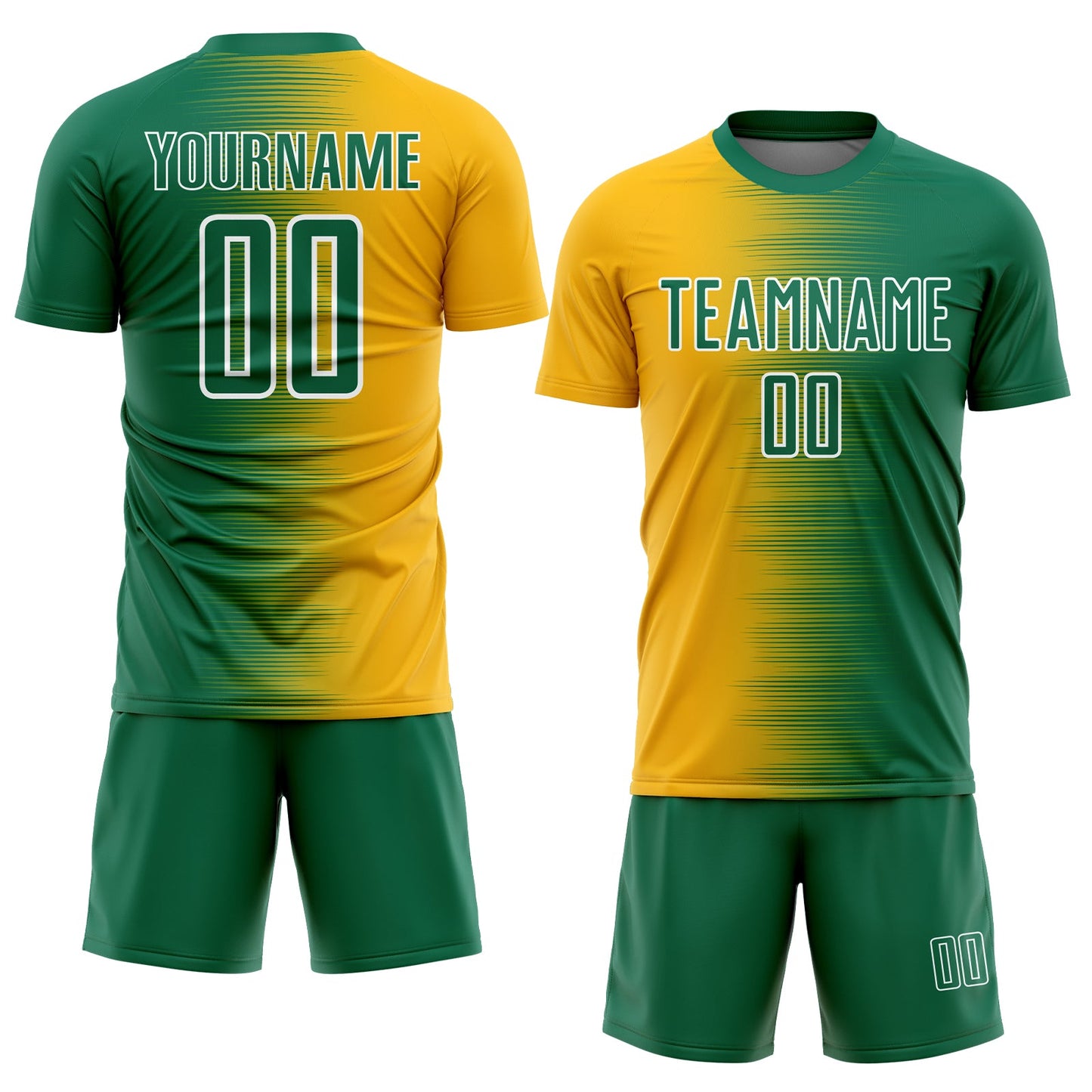 Custom Kelly Green Gold-White Gradient Line Sublimation Soccer Uniform Jersey view 2