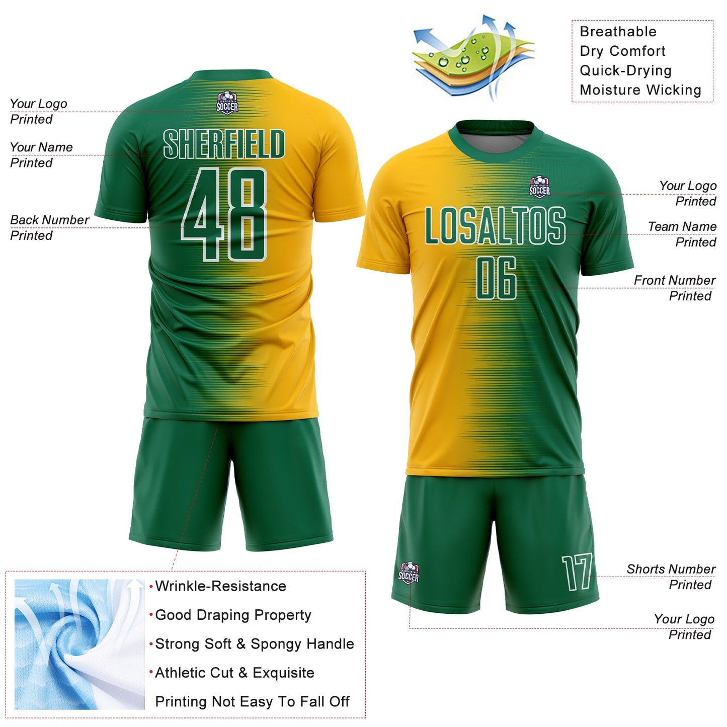 Custom Kelly Green Gold-White Gradient Line Sublimation Soccer Uniform Jersey view 4