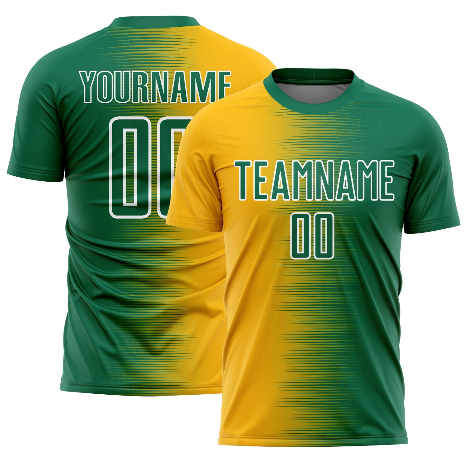 Custom Kelly Green Gold-White Gradient Line Sublimation Soccer Uniform Jersey - Main View