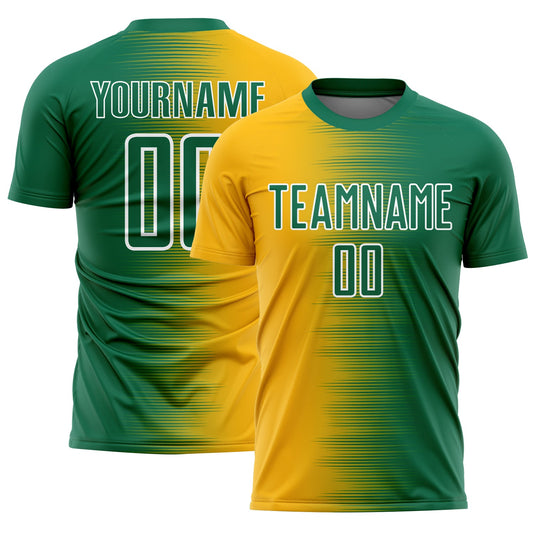 Custom Kelly Green Gold-White Gradient Line Sublimation Soccer Uniform Jersey - Main View