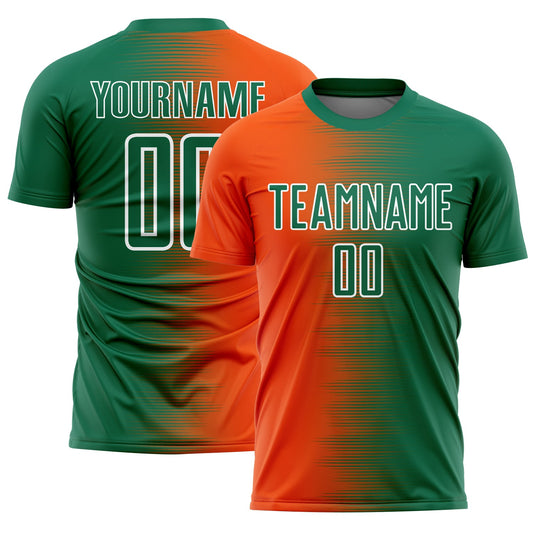 Custom Kelly Green Orange-White Gradient Line Sublimation Soccer Uniform Jersey - Main View