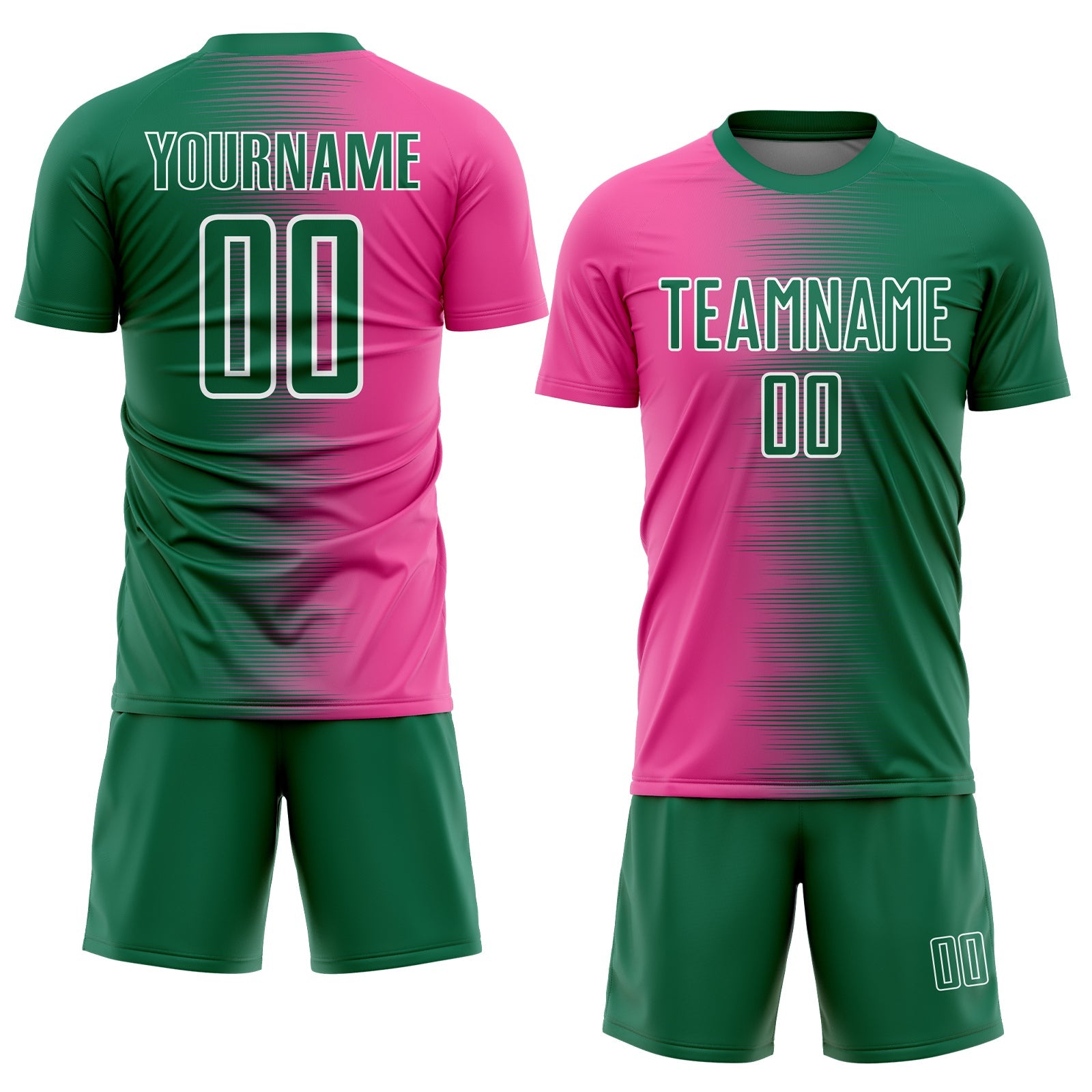 Custom Kelly Green Pink-White Gradient Line Sublimation Soccer Uniform Jersey view 2