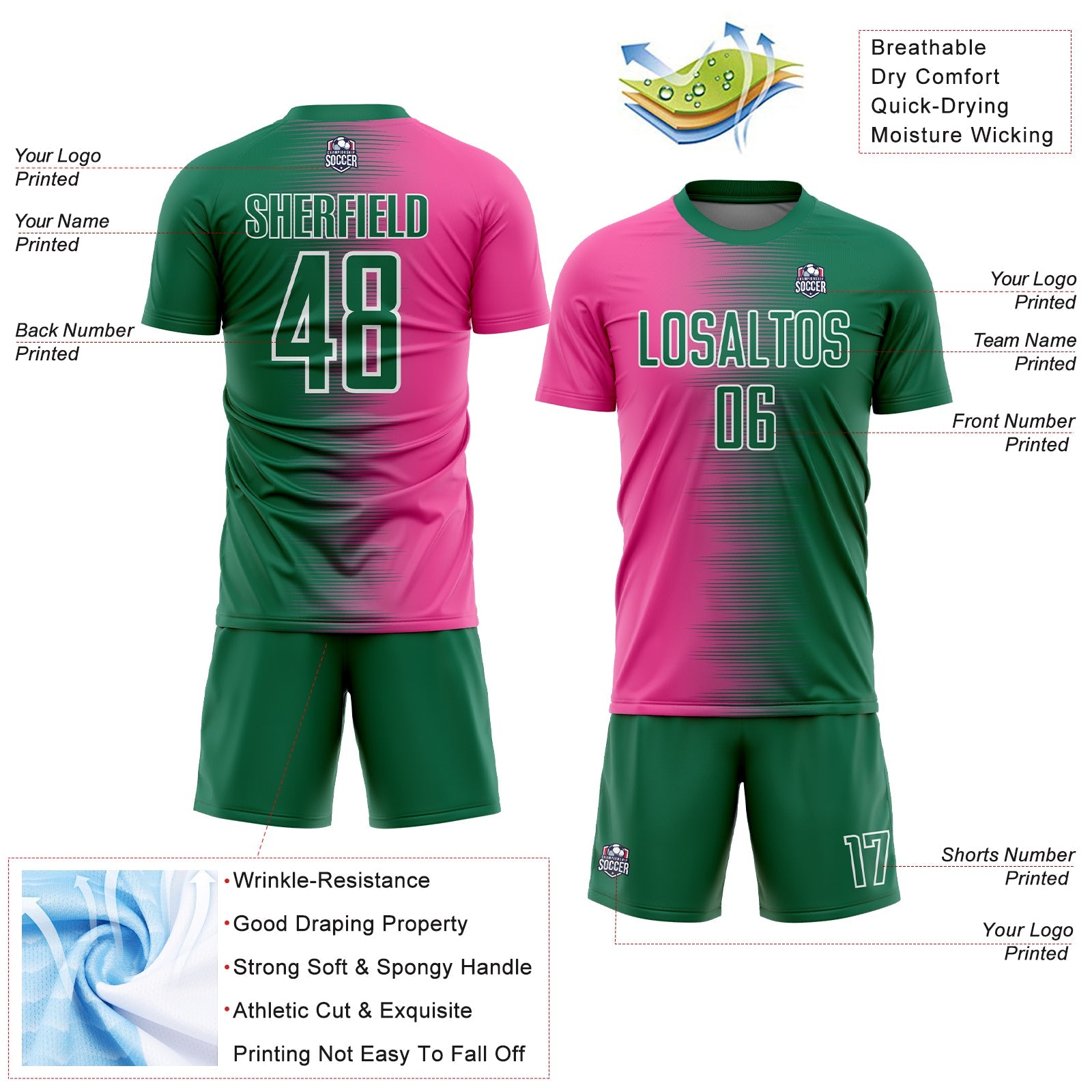 Custom Kelly Green Pink-White Gradient Line Sublimation Soccer Uniform Jersey view 4