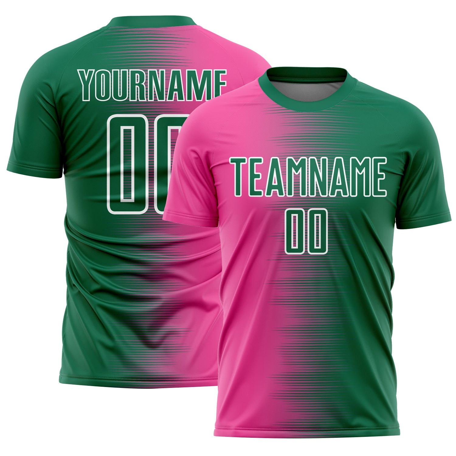 Custom Kelly Green Pink-White Gradient Line Sublimation Soccer Uniform Jersey - Main View