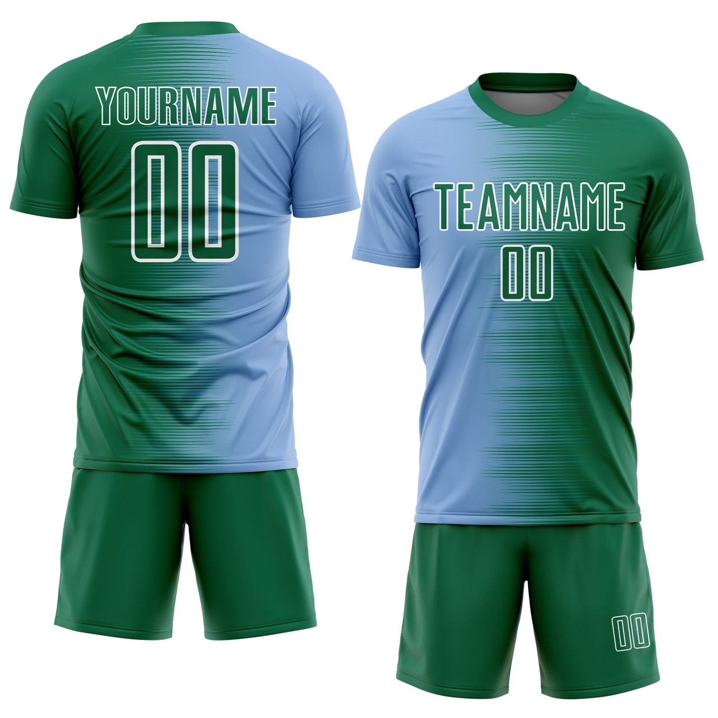 Custom Kelly Green Light Blue-White Gradient Line Sublimation Soccer Uniform Jersey view 2