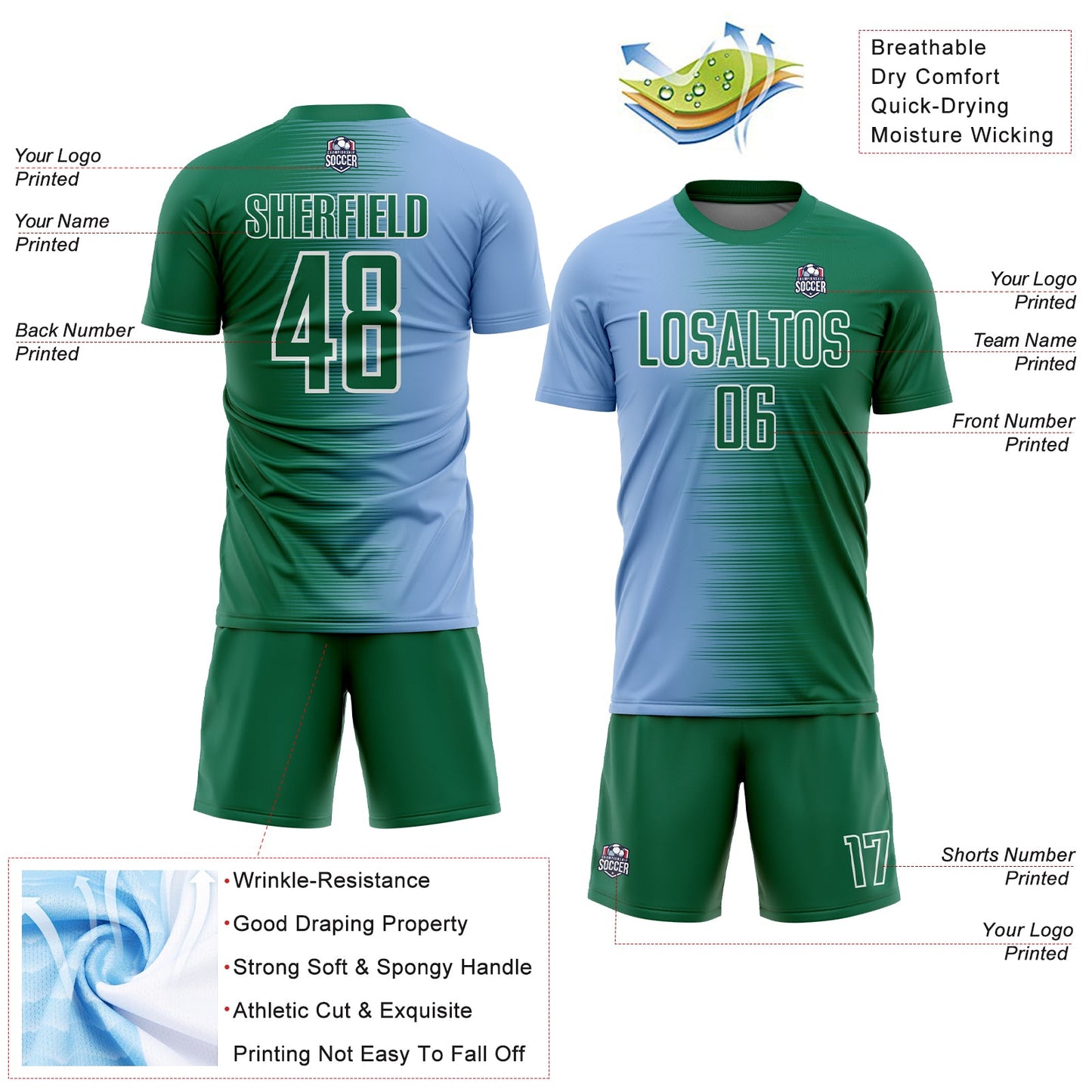 Custom Kelly Green Light Blue-White Gradient Line Sublimation Soccer Uniform Jersey view 4