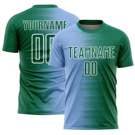 Custom Kelly Green Light Blue-White Gradient Line Sublimation Soccer Uniform Jersey - Main View