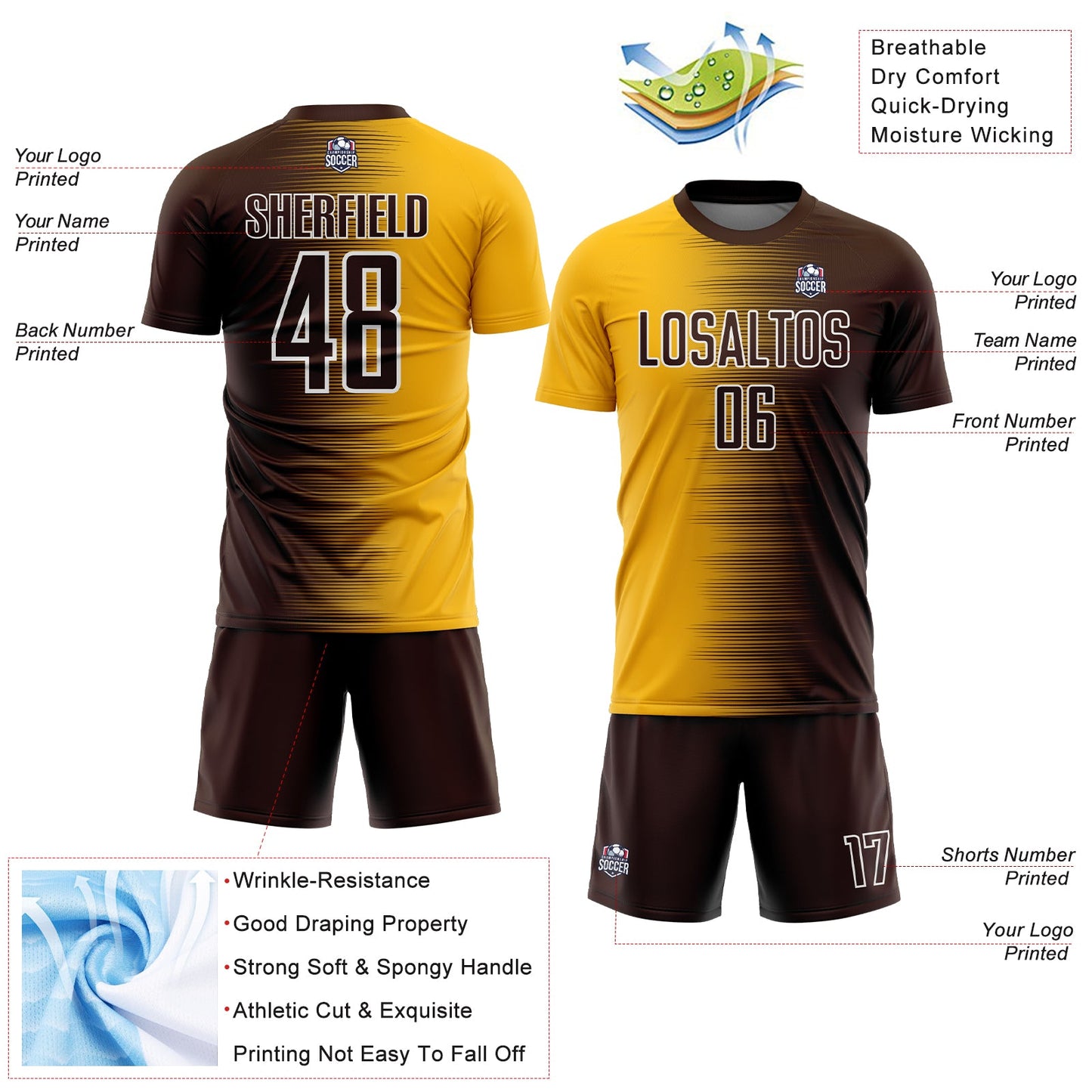 Custom Brown Gold-White Gradient Line Sublimation Soccer Uniform Jersey view 4