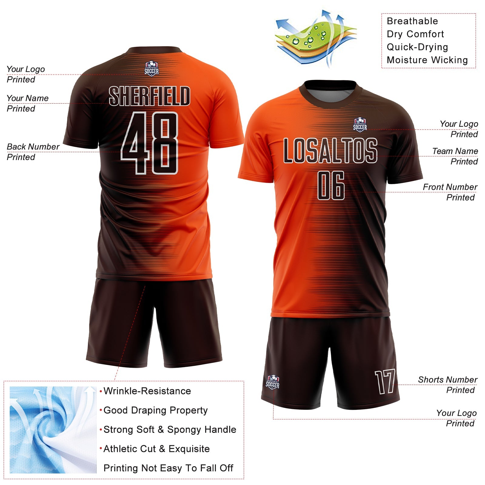 Custom Brown Orange-White Gradient Line Sublimation Soccer Uniform Jersey view 4