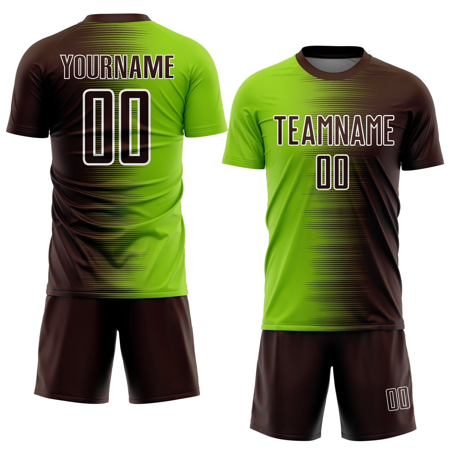 Custom Brown Neon Green-White Gradient Line Sublimation Soccer Uniform Jersey view 2