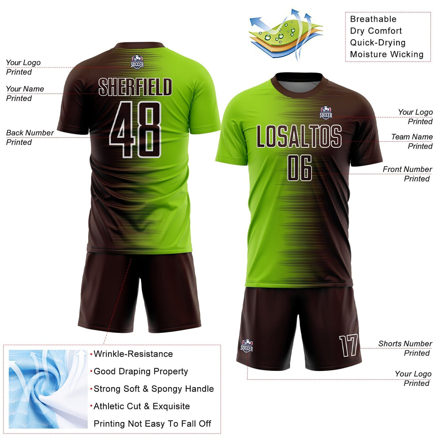 Custom Brown Neon Green-White Gradient Line Sublimation Soccer Uniform Jersey view 4