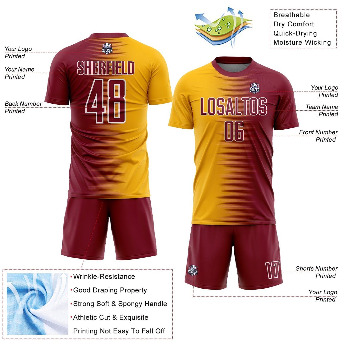 Custom Crimson Gold-White Gradient Line Sublimation Soccer Uniform Jersey view 4