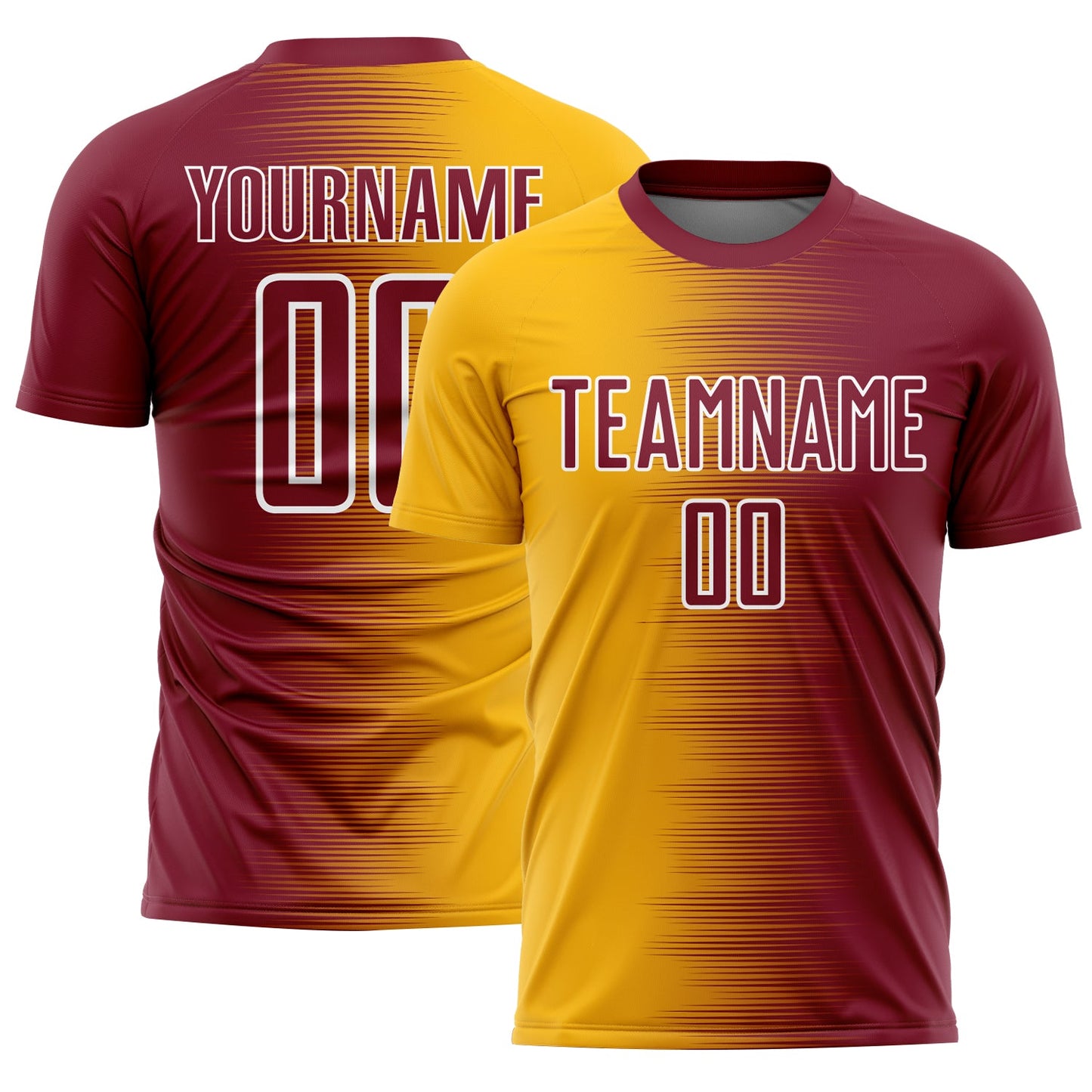 Custom Crimson Gold-White Gradient Line Sublimation Soccer Uniform Jersey - Main View