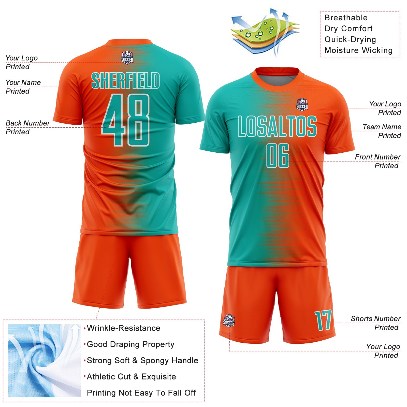 Custom Orange Aqua-White Gradient Line Sublimation Soccer Uniform Jersey view 4