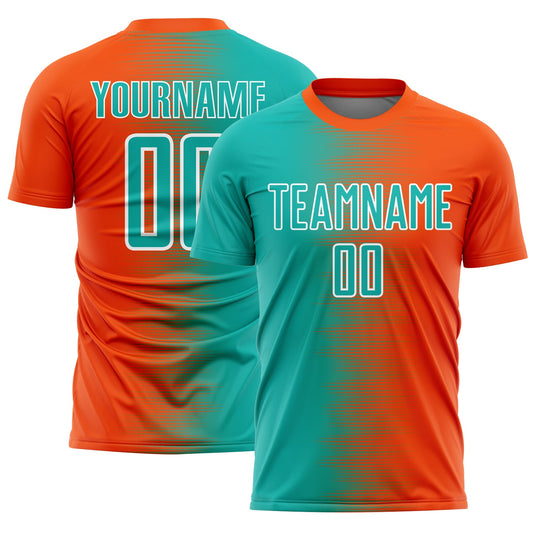 Custom Orange Aqua-White Gradient Line Sublimation Soccer Uniform Jersey - Main View