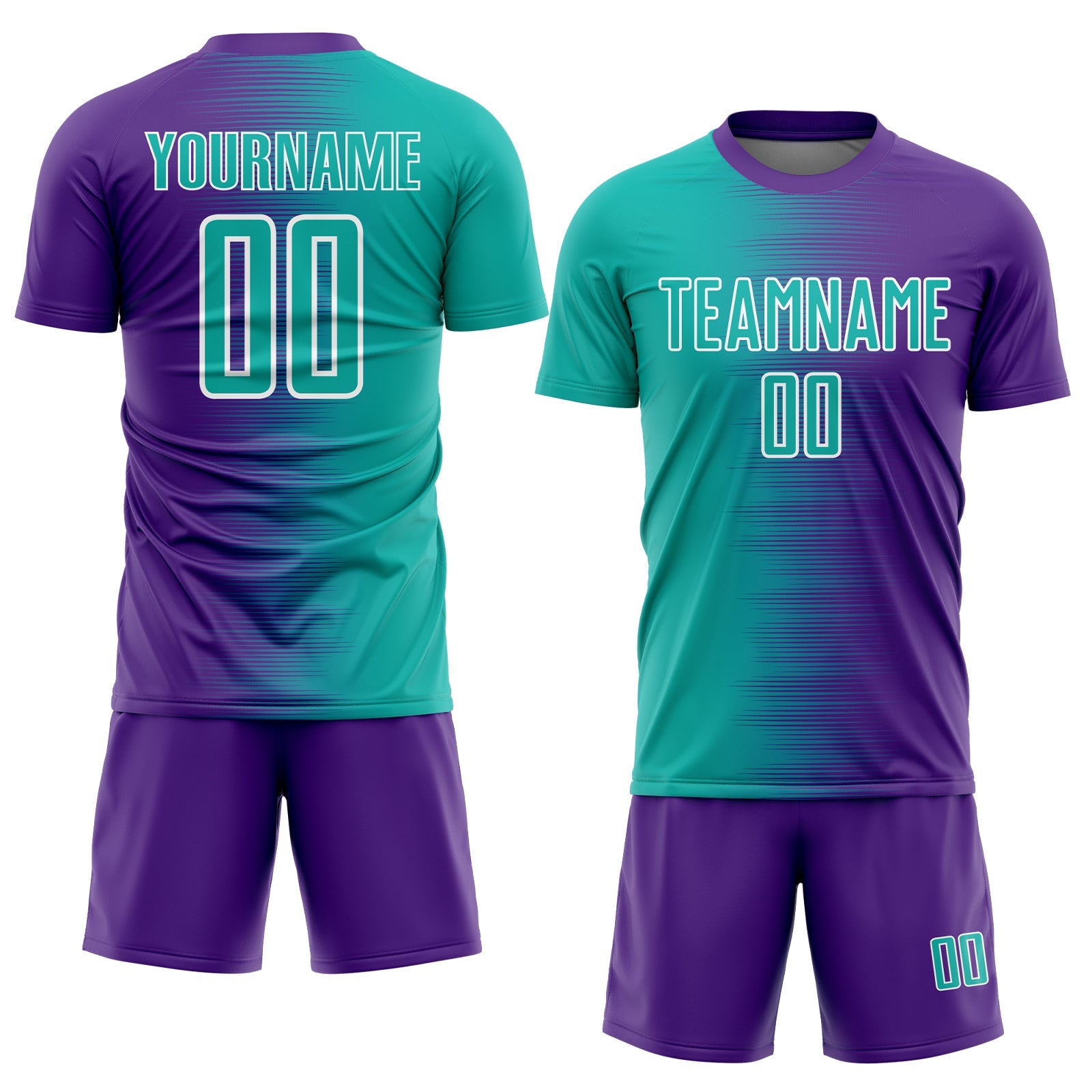Custom Purple Aqua-White Gradient Line Sublimation Soccer Uniform Jersey view 2