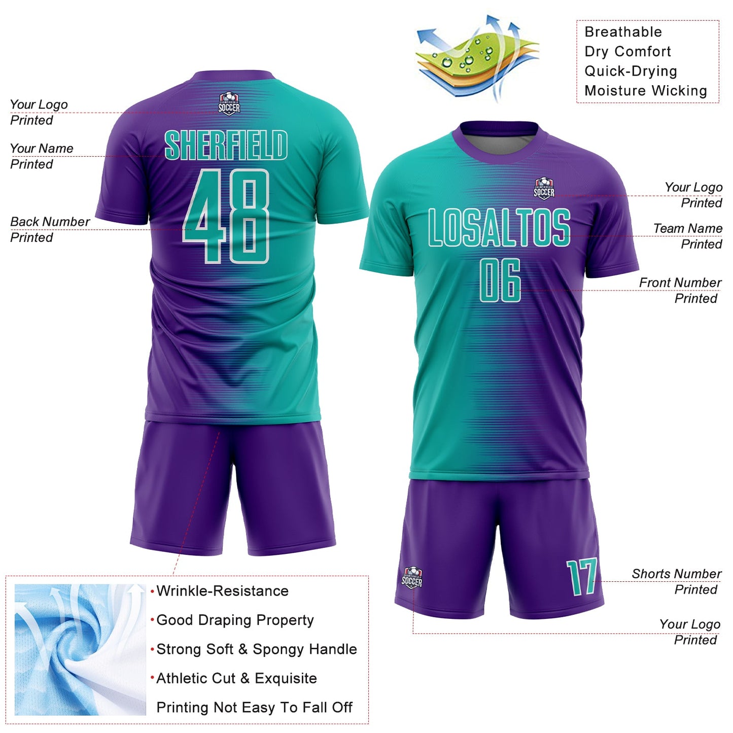 Custom Purple Aqua-White Gradient Line Sublimation Soccer Uniform Jersey view 4
