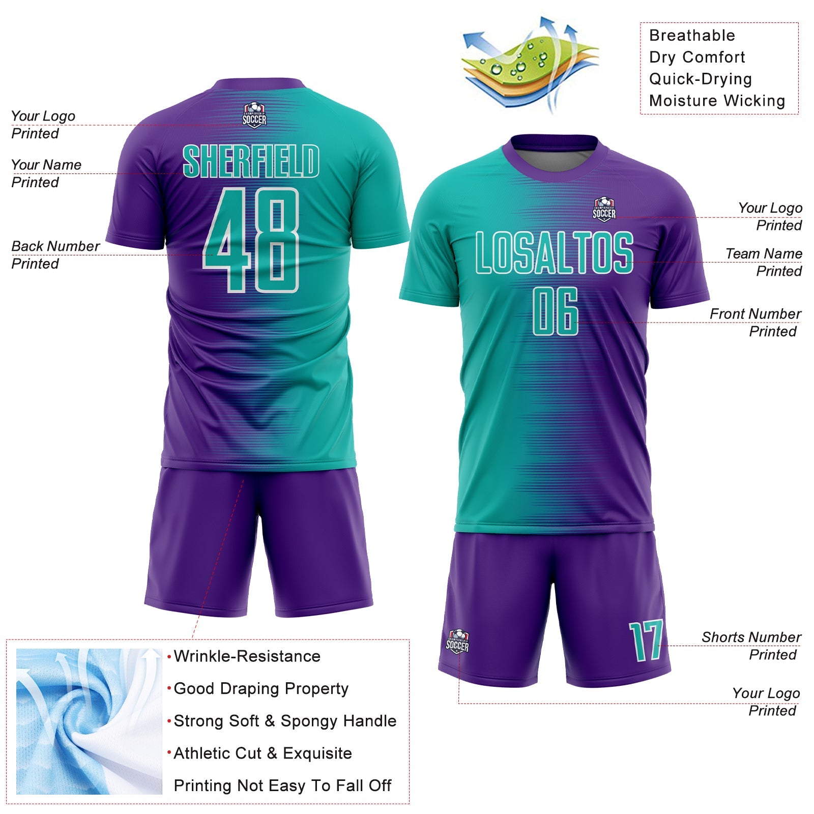 Custom Purple Aqua-White Gradient Line Sublimation Soccer Uniform Jersey view 4