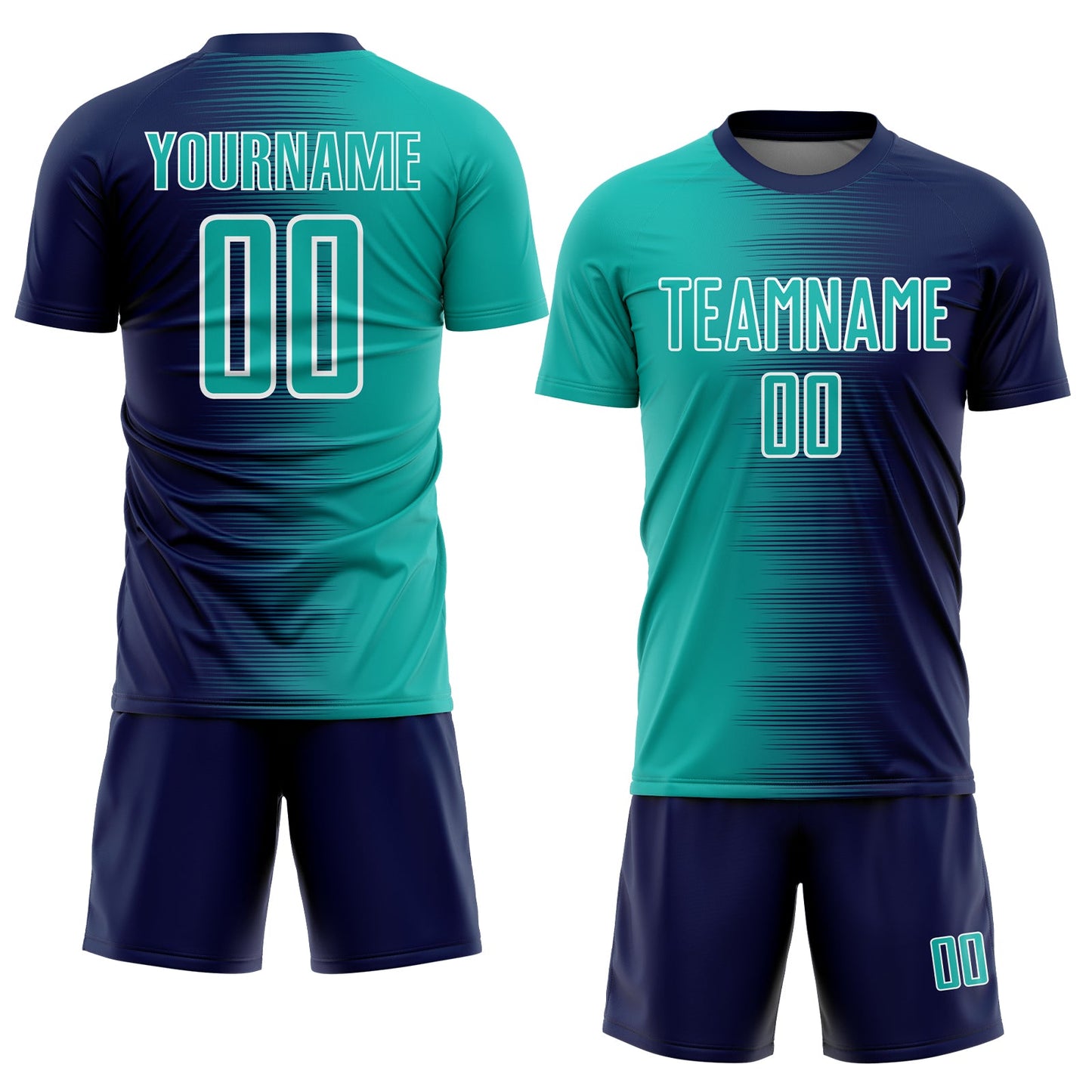 Custom Navy Aqua-White Gradient Line Sublimation Soccer Uniform Jersey view 2