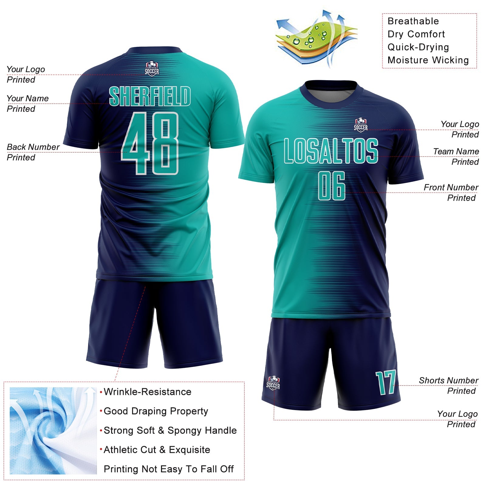Custom Navy Aqua-White Gradient Line Sublimation Soccer Uniform Jersey view 4