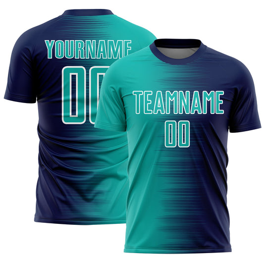 Custom Navy Aqua-White Gradient Line Sublimation Soccer Uniform Jersey - Main View