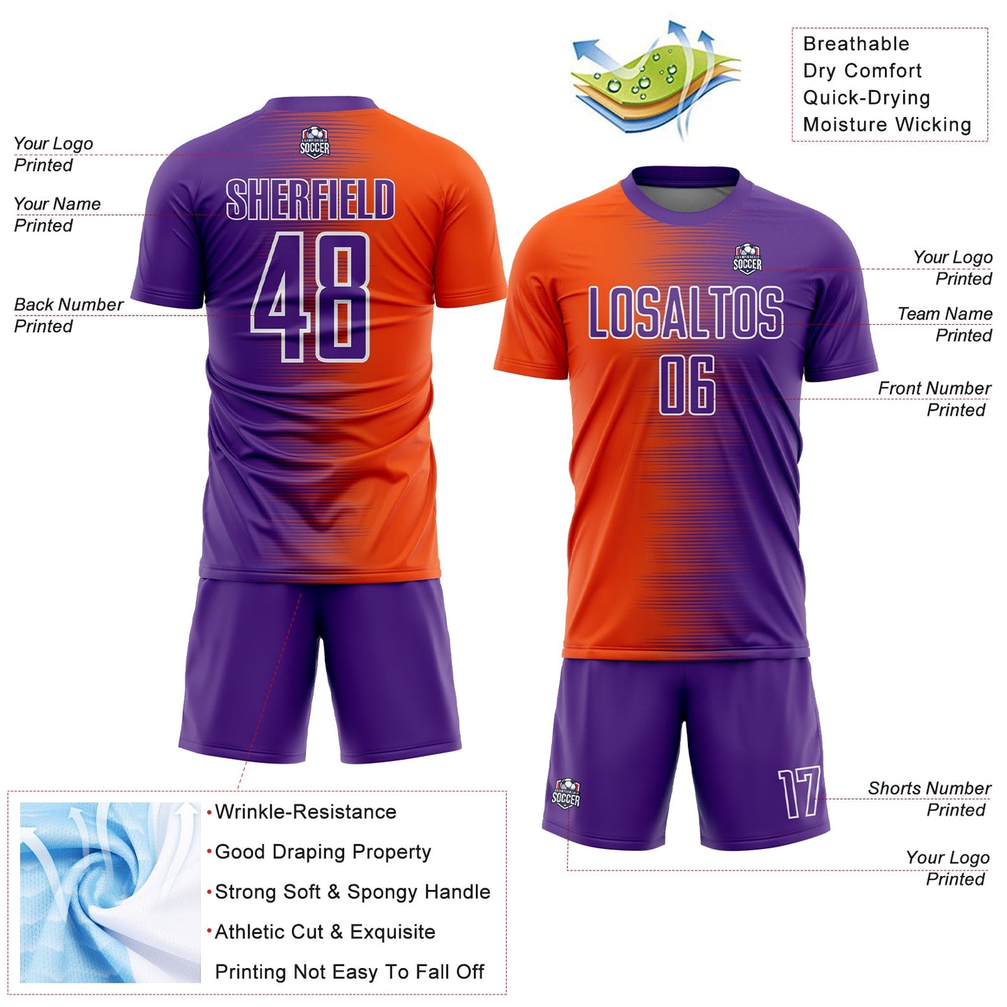 Custom Purple Orange-White Gradient Line Sublimation Soccer Uniform Jersey view 4