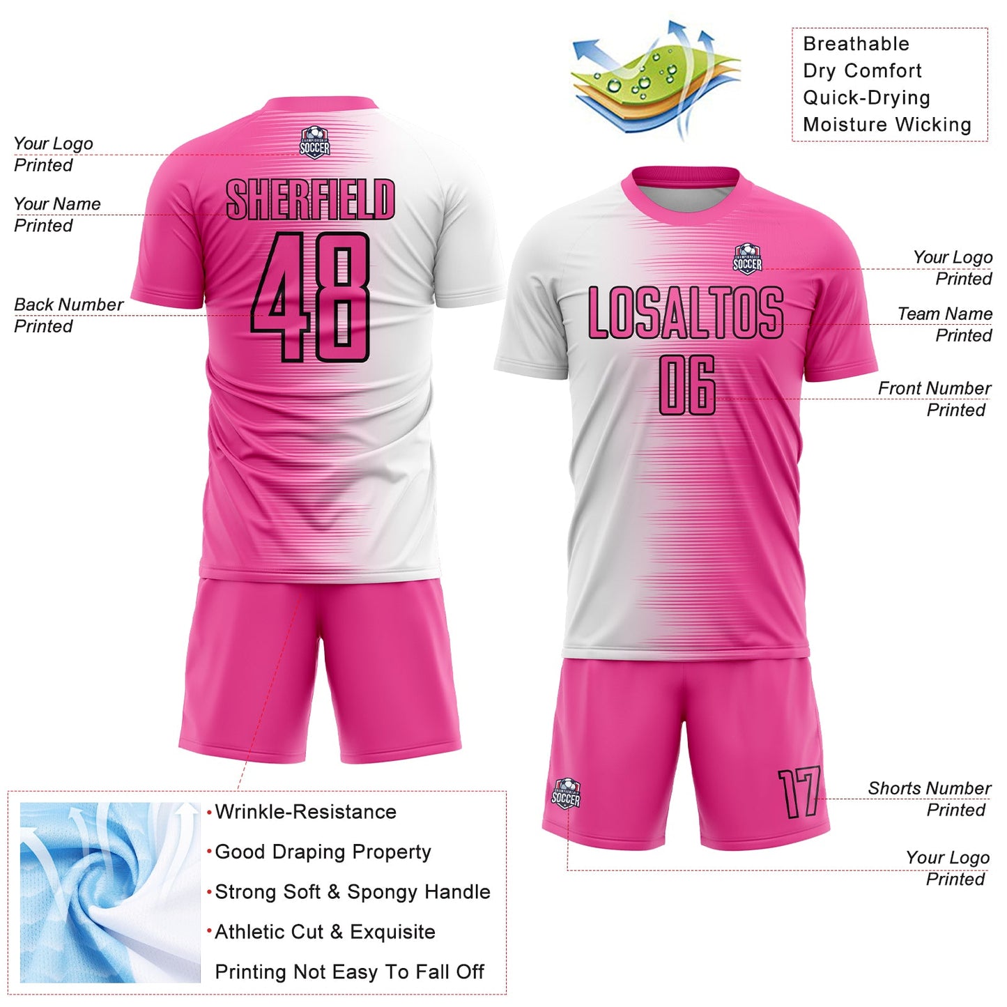 Custom Pink White-Black Gradient Line Sublimation Soccer Uniform Jersey view 4