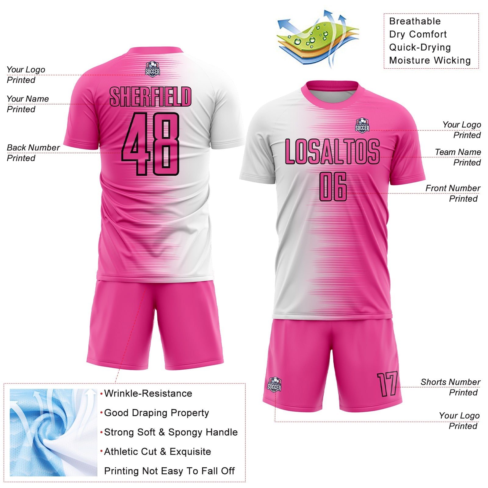 Custom Pink White-Black Gradient Line Sublimation Soccer Uniform Jersey view 4
