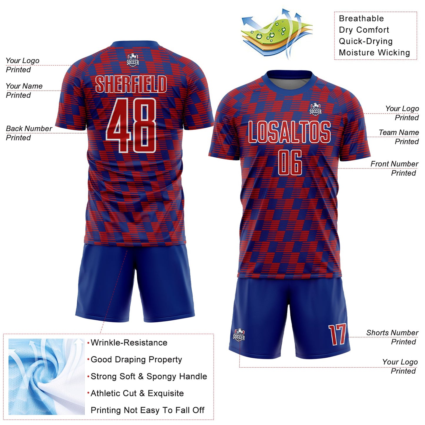 Custom Royal Red-White Line Sublimation Soccer Uniform Jersey view 4