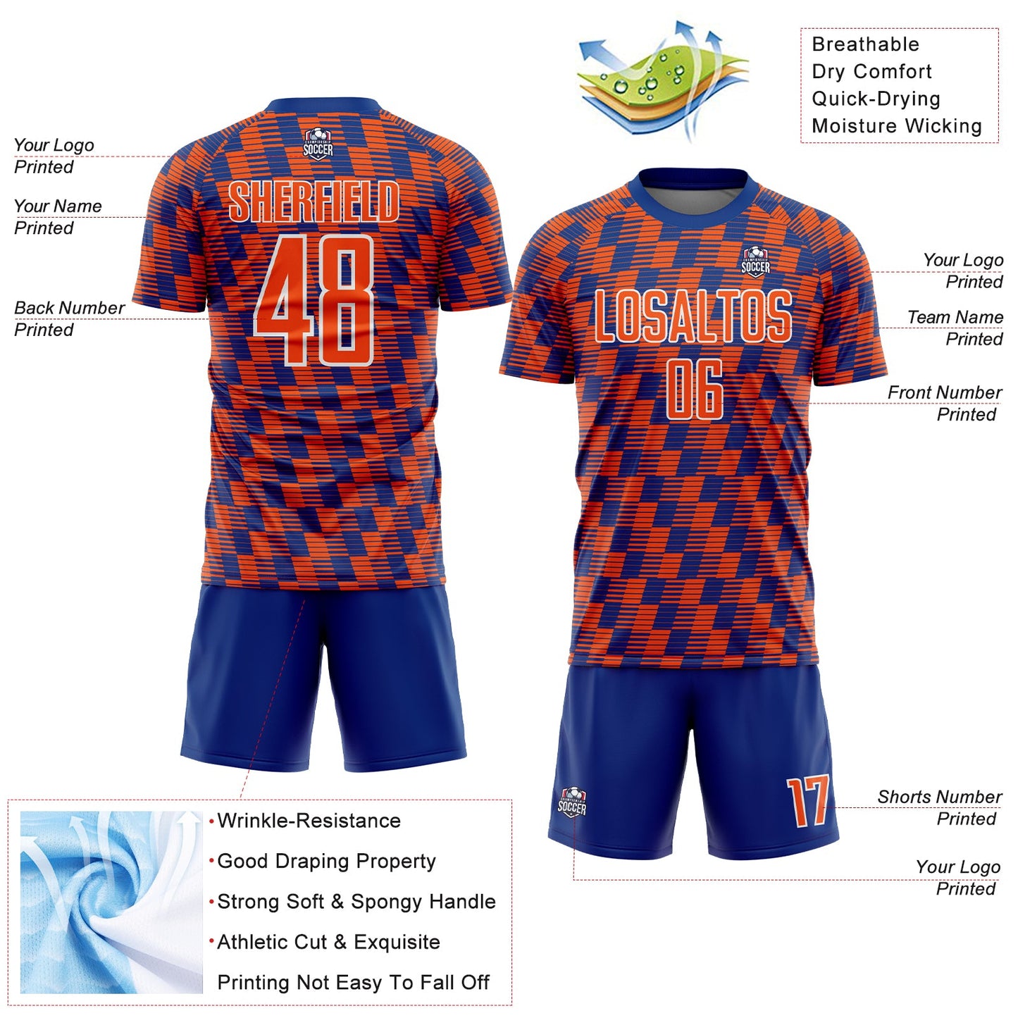 Custom Royal Orange-White Line Sublimation Soccer Uniform Jersey view 4