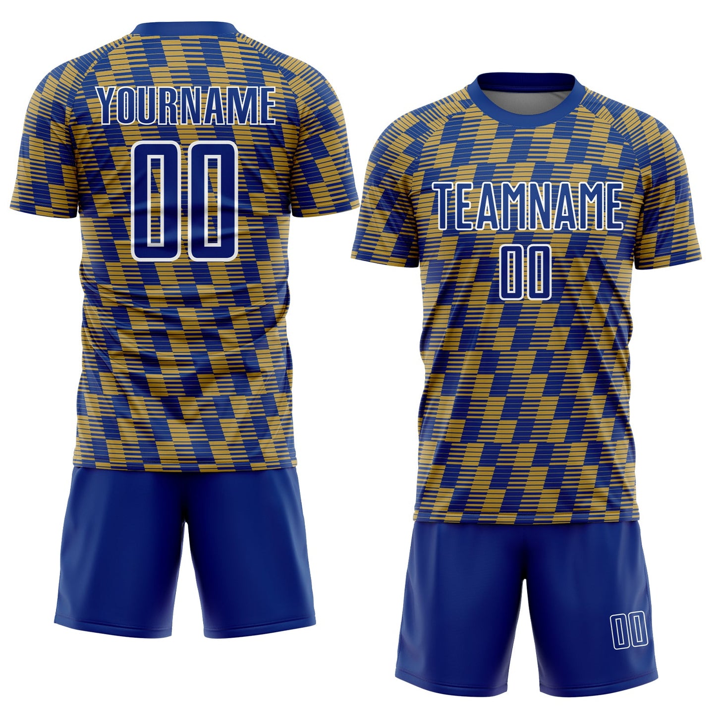 Custom Royal Old Gold-White Line Sublimation Soccer Uniform Jersey view 2