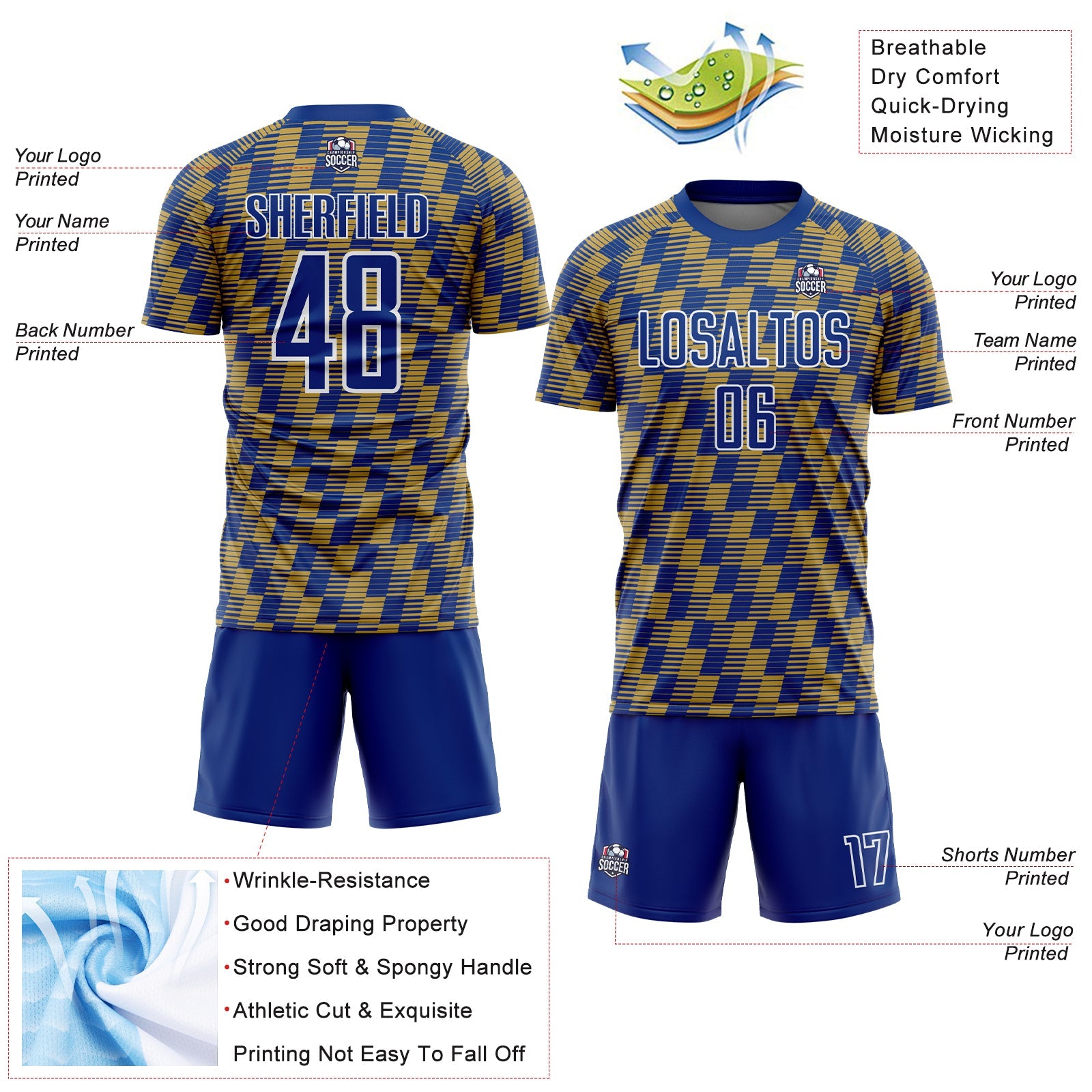 Custom Royal Old Gold-White Line Sublimation Soccer Uniform Jersey view 4