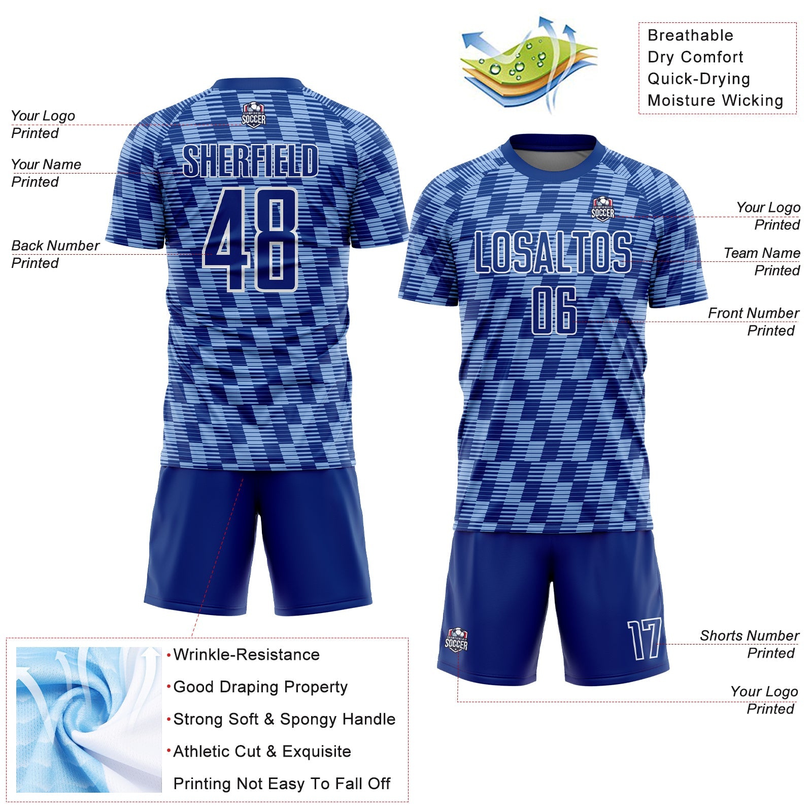 Custom Royal Light Blue-White Line Sublimation Soccer Uniform Jersey view 4