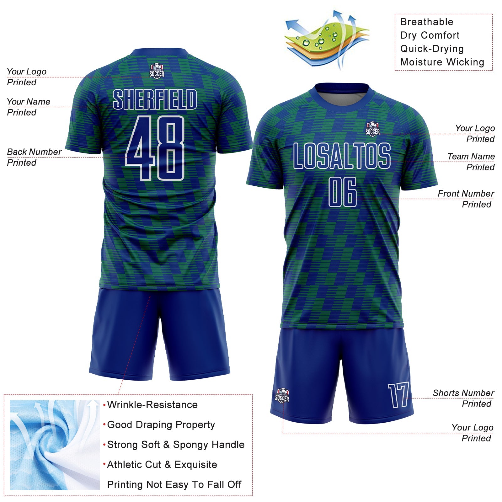Custom Royal Kelly Green-White Line Sublimation Soccer Uniform Jersey view 4