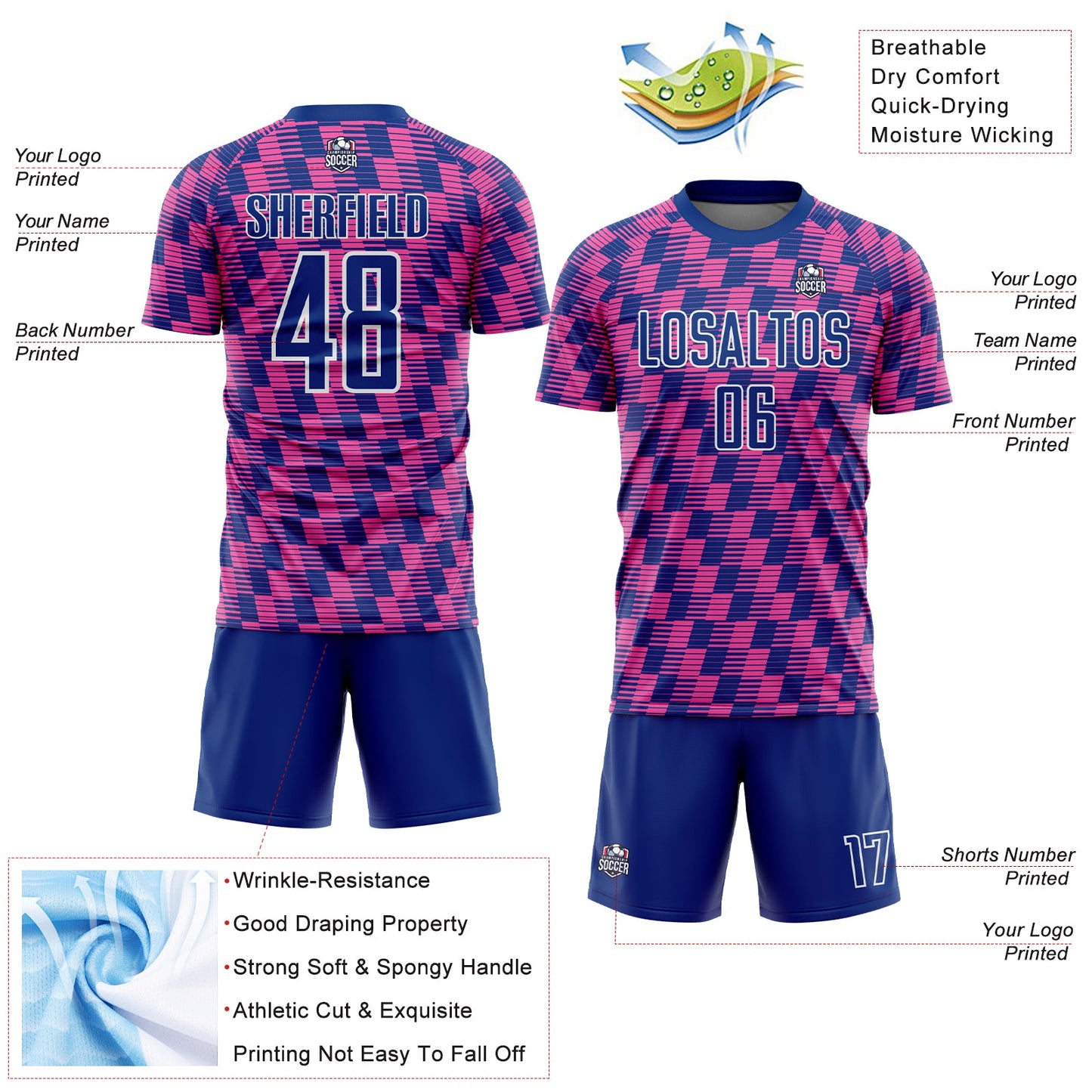 Custom Royal Pink-White Line Sublimation Soccer Uniform Jersey view 4