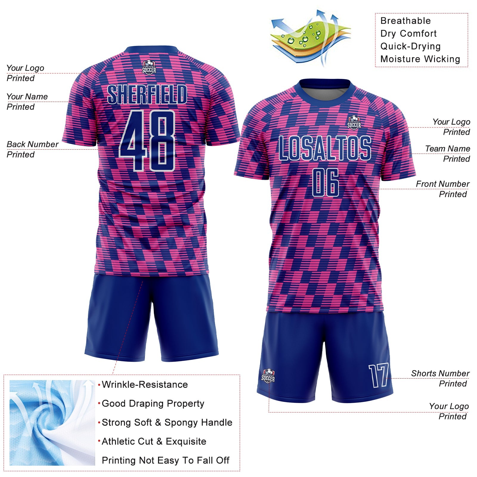Custom Royal Pink-White Line Sublimation Soccer Uniform Jersey view 4