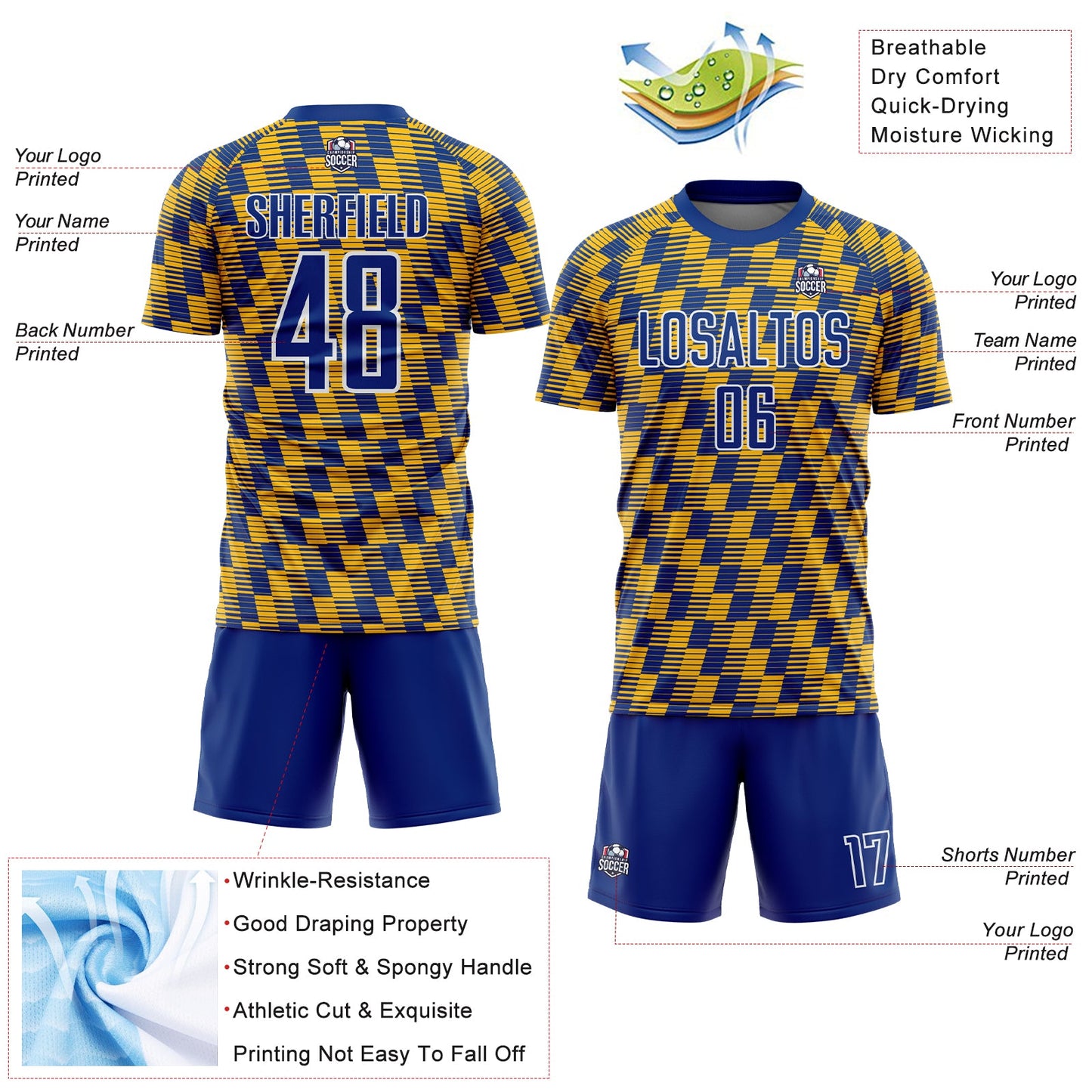 Custom Royal Gold-White Line Sublimation Soccer Uniform Jersey view 4