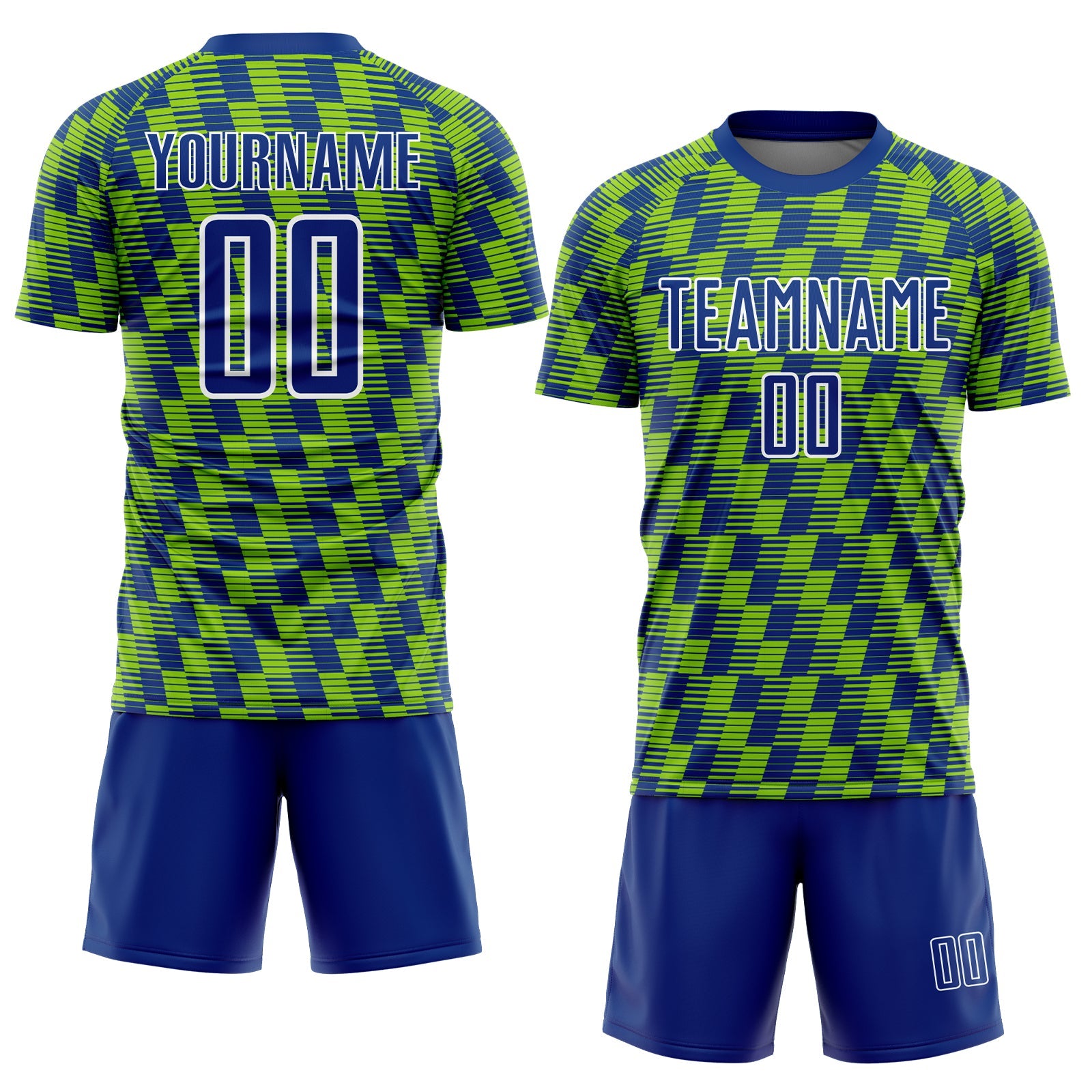 Custom Royal Neon Green-White Line Sublimation Soccer Uniform Jersey view 2