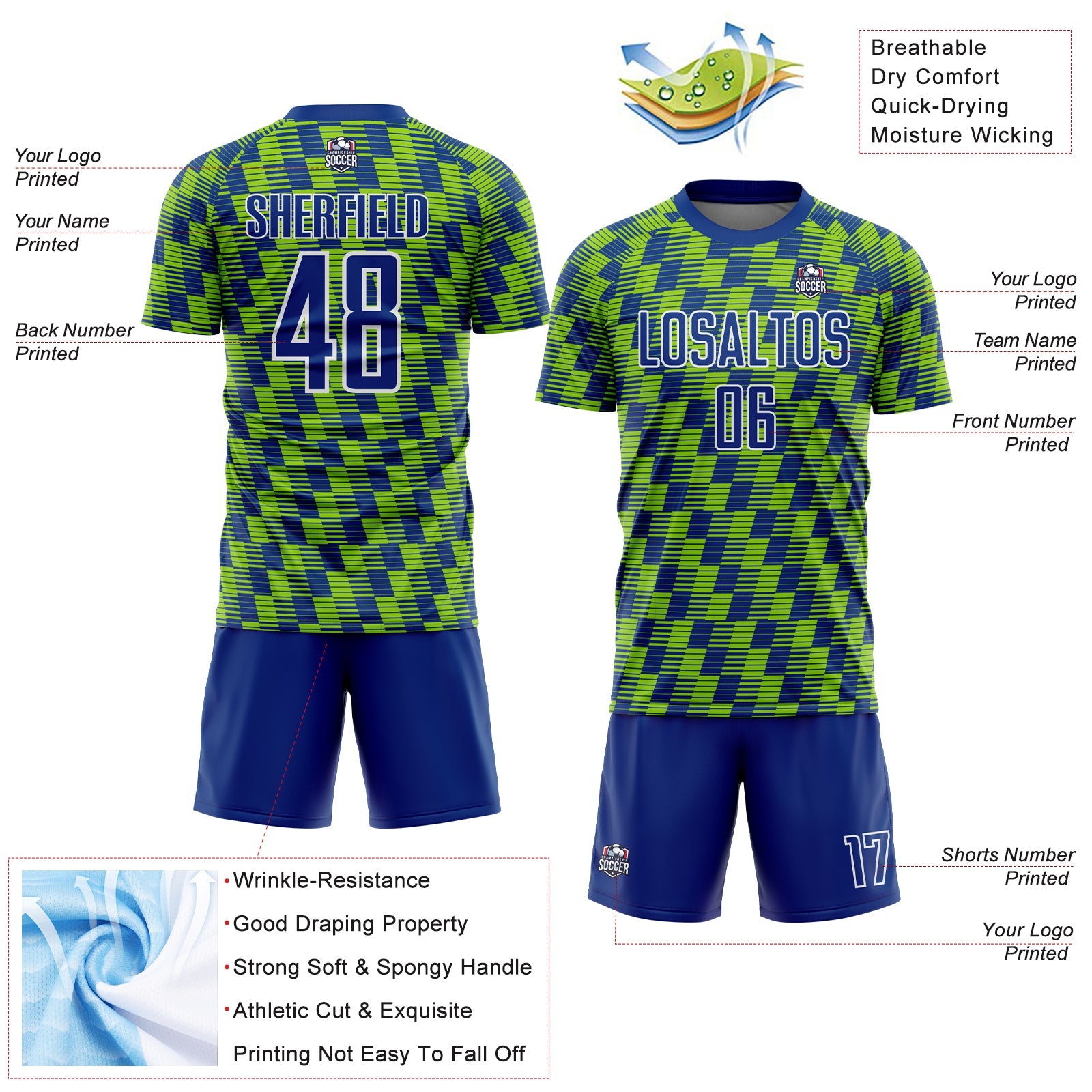 Custom Royal Neon Green-White Line Sublimation Soccer Uniform Jersey view 4