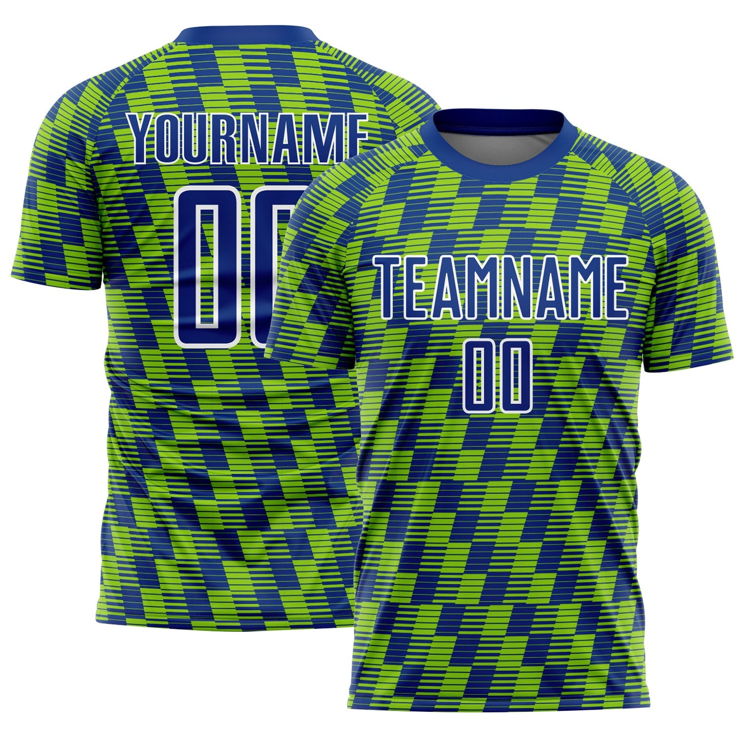 Custom Royal Neon Green-White Line Sublimation Soccer Uniform Jersey - Main View
