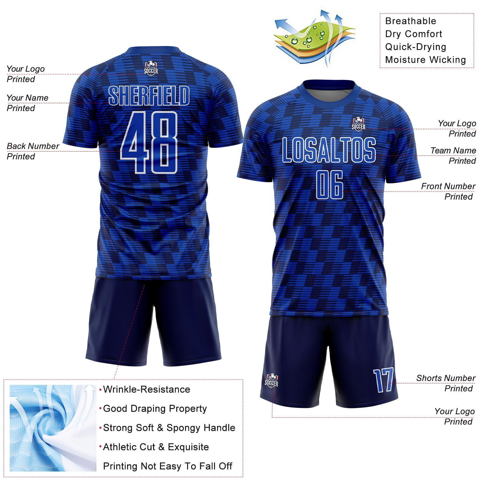 Custom Navy Thunder Blue-White Line Sublimation Soccer Uniform Jersey view 4
