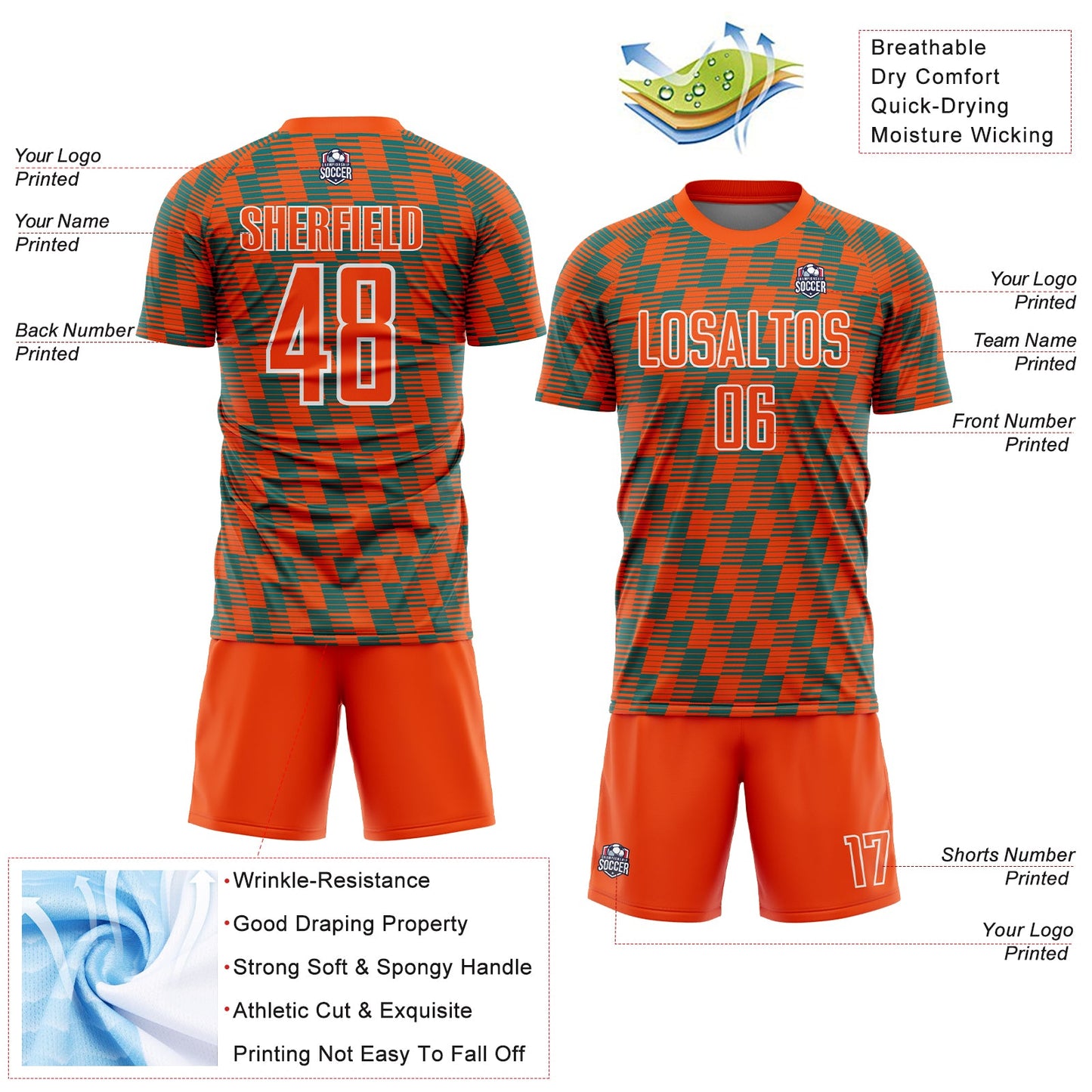 Custom Orange Teal-White Line Sublimation Soccer Uniform Jersey view 4