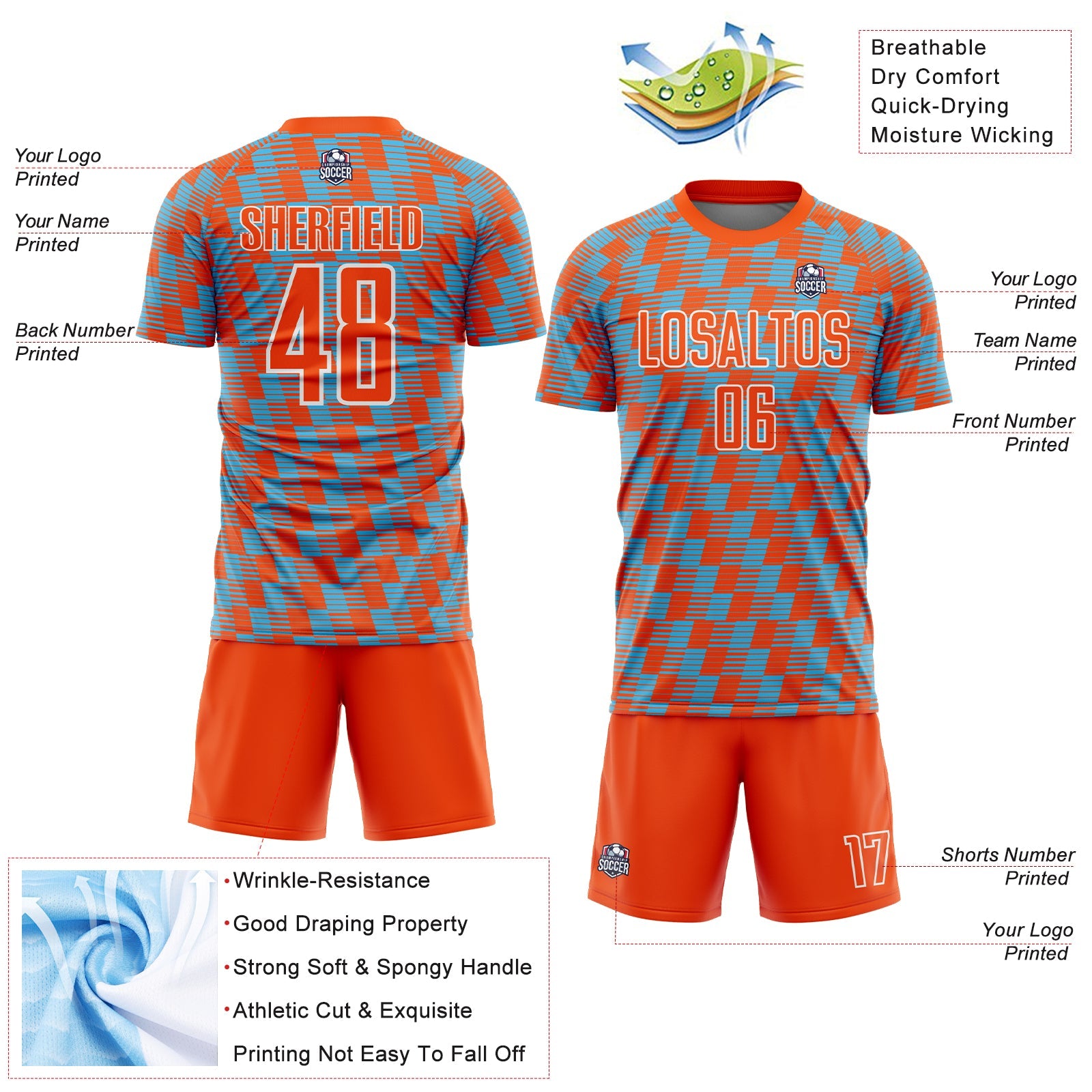 Custom Orange Sky Blue-White Line Sublimation Soccer Uniform Jersey view 4