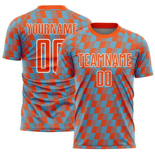 Custom Orange Sky Blue-White Line Sublimation Soccer Uniform Jersey - Main View