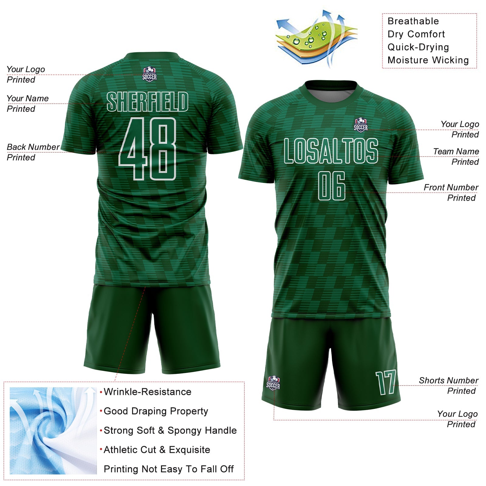 Custom Kelly Green Green-White Line Sublimation Soccer Uniform Jersey view 4