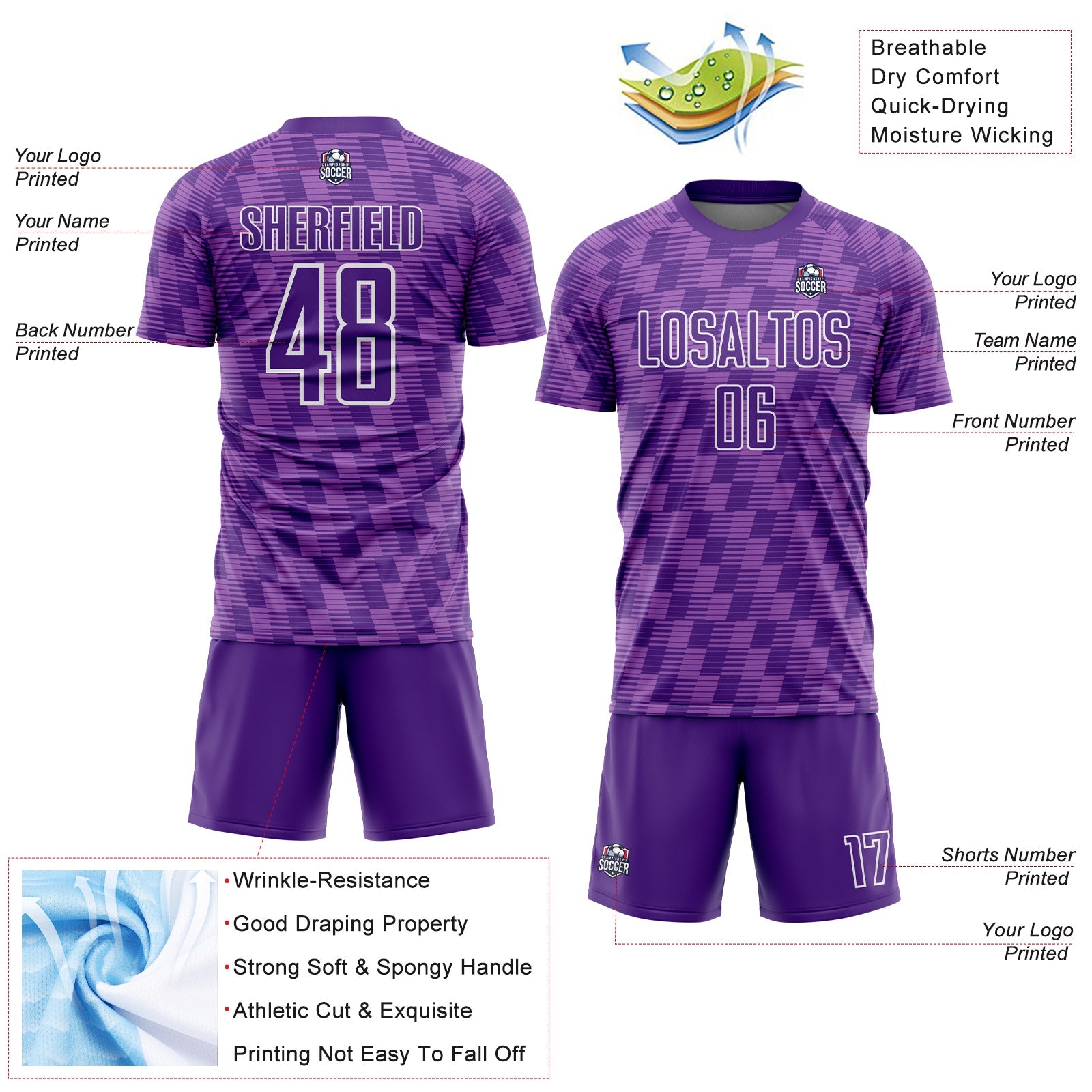 Custom Purple Medium Purple-White Line Sublimation Soccer Uniform Jersey view 4