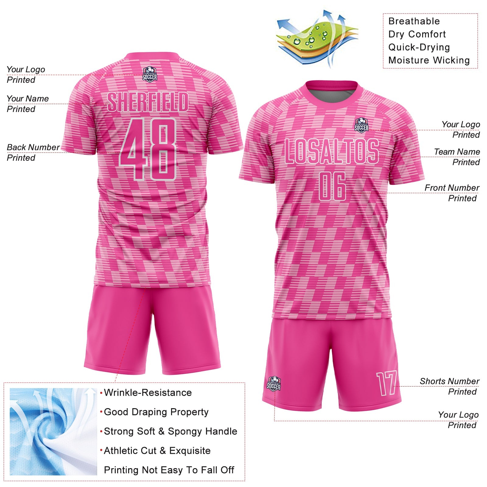 Custom Pink Light Pink-White Line Sublimation Soccer Uniform Jersey view 4