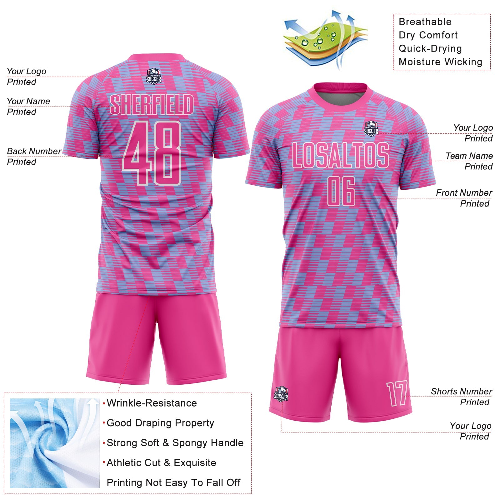 Custom Pink Light Blue-White Line Sublimation Soccer Uniform Jersey view 4