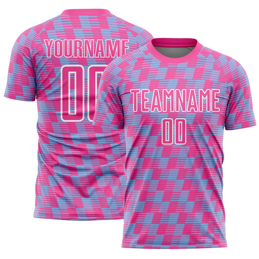 Custom Pink Light Blue-White Line Sublimation Soccer Uniform Jersey - Main View